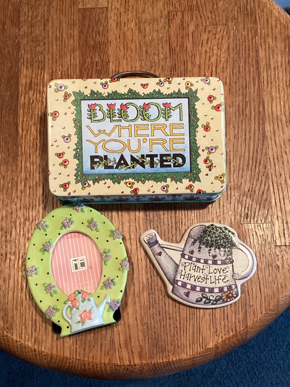 Mary Engelbreit Floral Bloom Tin and Garden Magnet - Cream, Green, Pink, Purple